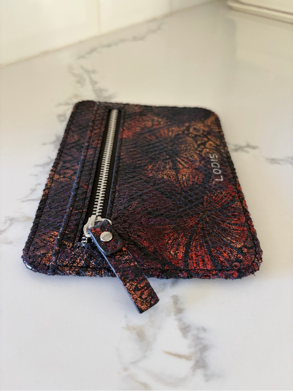 NEW LODIS METALLIC SNAKESKIN LEATHER CARD CASE MINI WALLET CLUTCH RFID - Picture 6 of 14